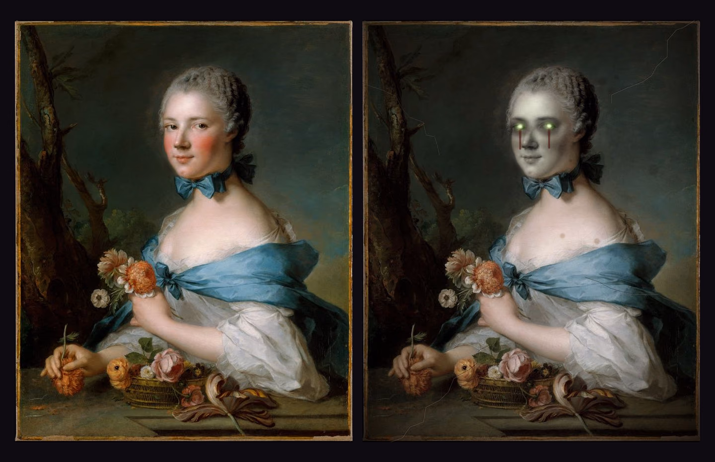 Jean Marc Nattier's 1753 Portrait of a Woman beside the same painting with grey-green skin, glowing green eyes, dark drips below the eyes and a faint row of teeth over the lips