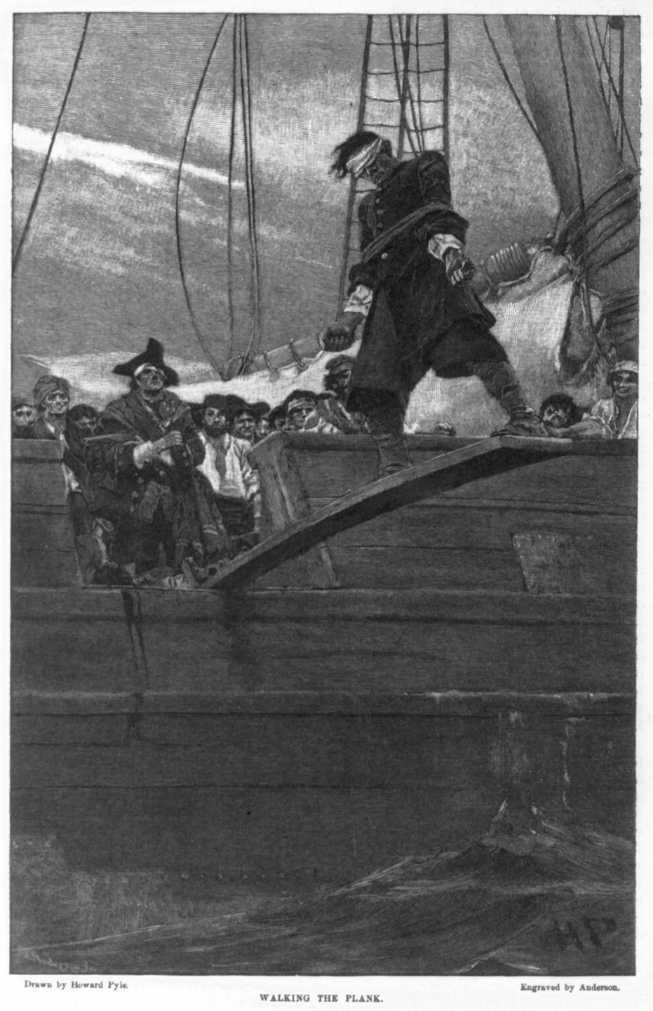 A black-and-white engraving of a blindfolded man with bound arms stepping along a plank over the side of a wooden ship while a crowd of pirates watches from the deck