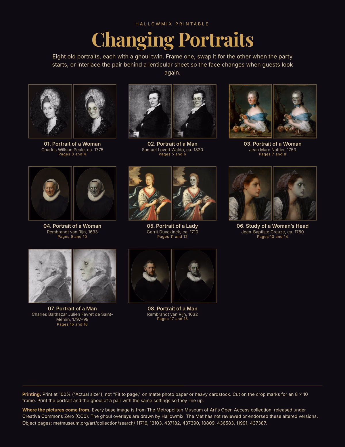 Contents page of the Changing Portraits printable: eight pairs of old portraits, each shown beside its ghoul version with grey-green skin and glowing eyes
