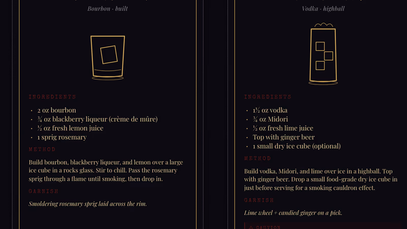 Six illustrated Halloween cocktail recipe cards arranged on a dark bar surface