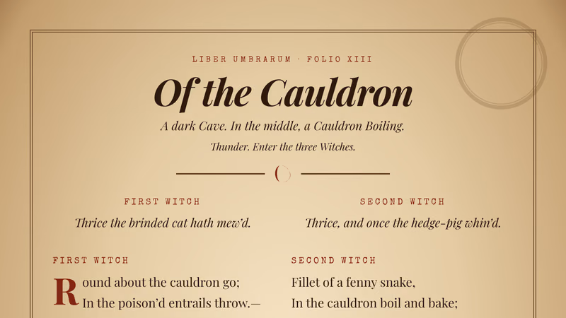 An aged parchment page titled Of the Cauldron with the Macbeth witches' chant in two columns, red speaker names and a cauldron emblem at the foot