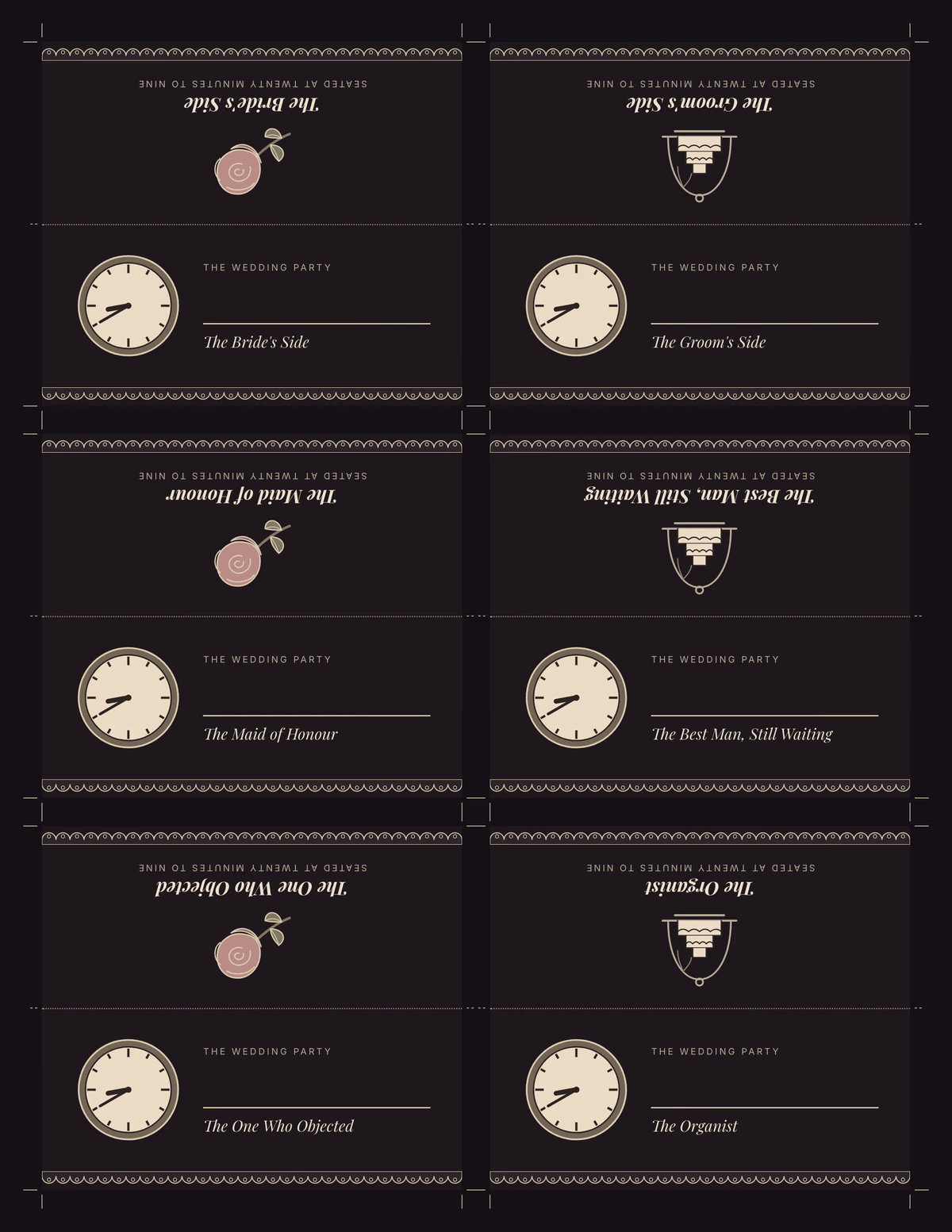 Dark letter sheet of six tent place cards with dotted fold lines and crop marks. Each front half has a small cream clock with its hands at 8:40, a name line and a role such as The Bride's Side; each upside-down back half has a faded rose or a cake under a glass dome and the line Seated at twenty minutes to nine, with a scalloped lace strip along the card edges