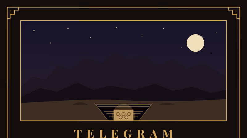 Dark 5x7 invitation in a double gold rule with stepped corners, a night scene of desert hills under a full moon with a stepped cut leading down to a blocked doorway marked with round seals, the word Telegram over a From: The Valley, To: England line, a typewritten quotation on cream paper strips, ruled lines for the excavation date, time, address, dress, lantern and RSVP, and the line Come forth by night