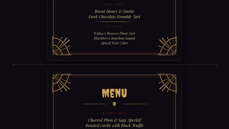 Gothic-styled menu card with ornate border and elegant typography on dark background