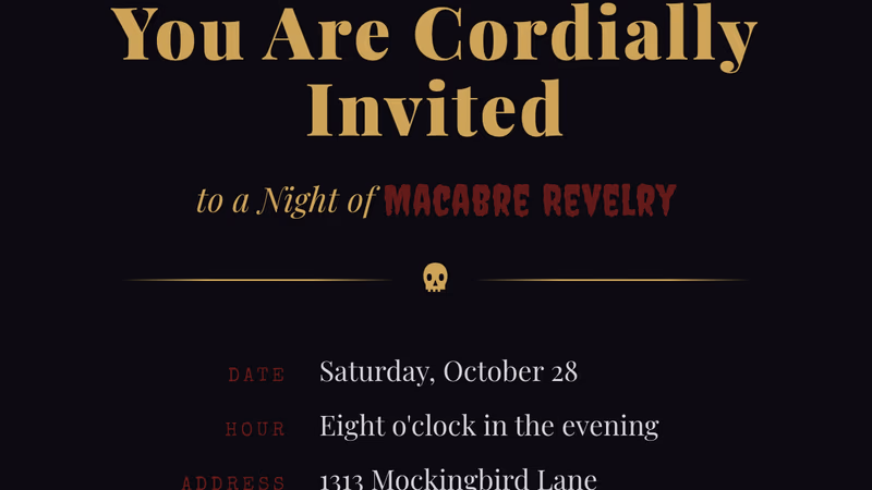 Red and black gothic Halloween party invitation with dramatic serif typography and blood drip accents