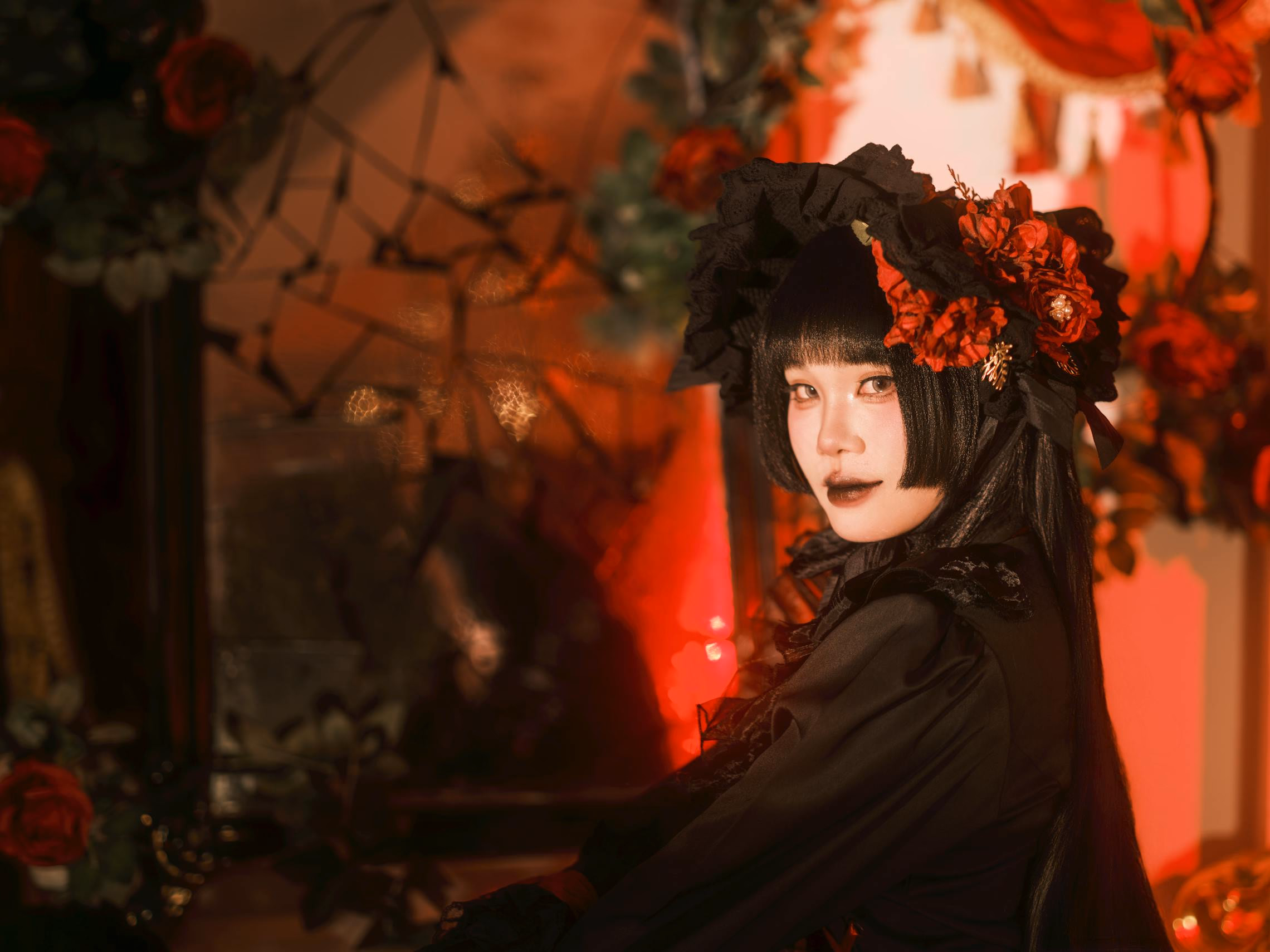 Red and black gothic Halloween party invitation with dramatic serif typography and blood drip accents