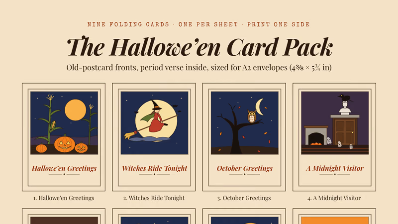Contents page of the card pack: eight vintage postcard style card fronts including jack-o'-lanterns by a corn stalk, a witch in red crossing the moon, an owl, a raven on a bust, goblins at a hearth, churchyard ghosts, the headless horseman and a black cat beside a peeled apple, above three folding diagrams