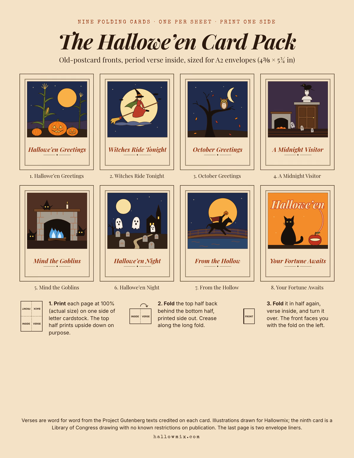 Contents page of the card pack: eight vintage postcard style card fronts including jack-o'-lanterns by a corn stalk, a witch in red crossing the moon, an owl, a raven on a bust, goblins at a hearth, churchyard ghosts, the headless horseman and a black cat beside a peeled apple, above three folding diagrams