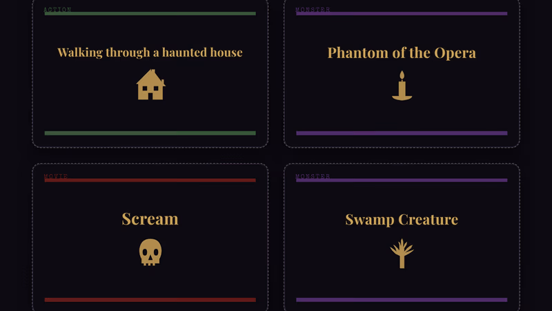Stack of Halloween charades prompt cards with gothic styling