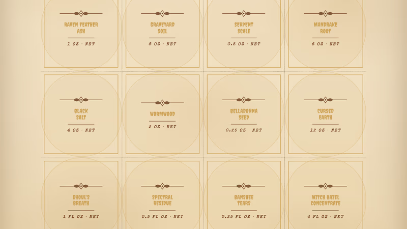 Sheet of small apothecary ingredient labels with vintage text on parchment background