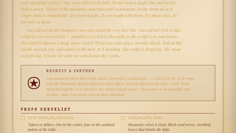 Printed seance script pages on a candlelit table with crystal ball