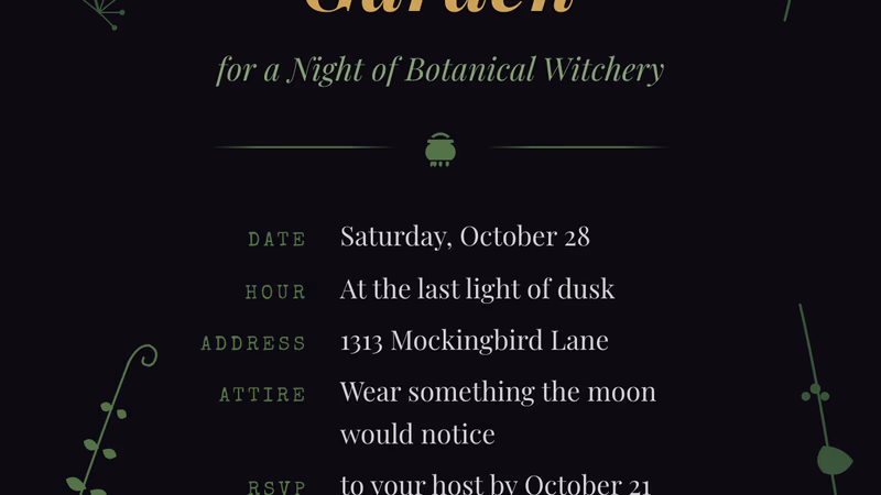 Green and black witch-themed Halloween party invitation with botanical illustrations