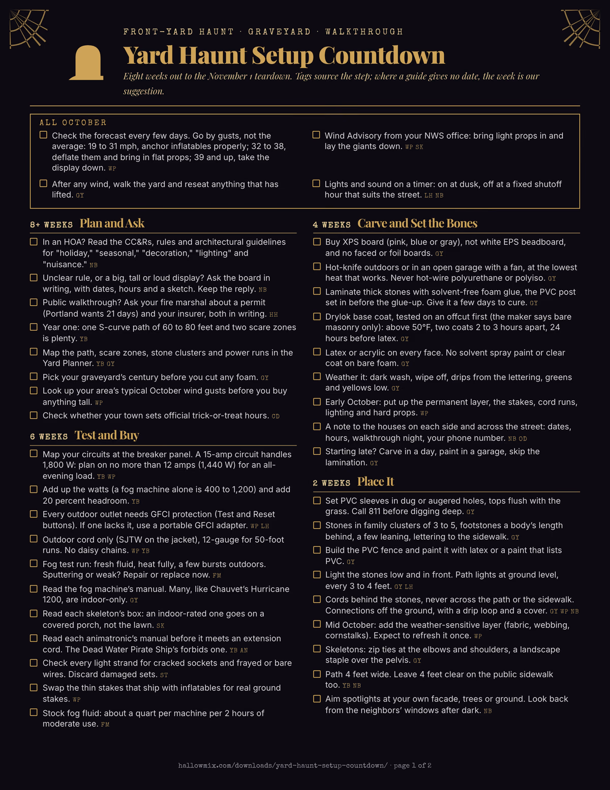 Two-page yard haunt countdown in gold on black with a tombstone header, an All October forecast strip and checkbox lists for eight, six, four and two weeks out